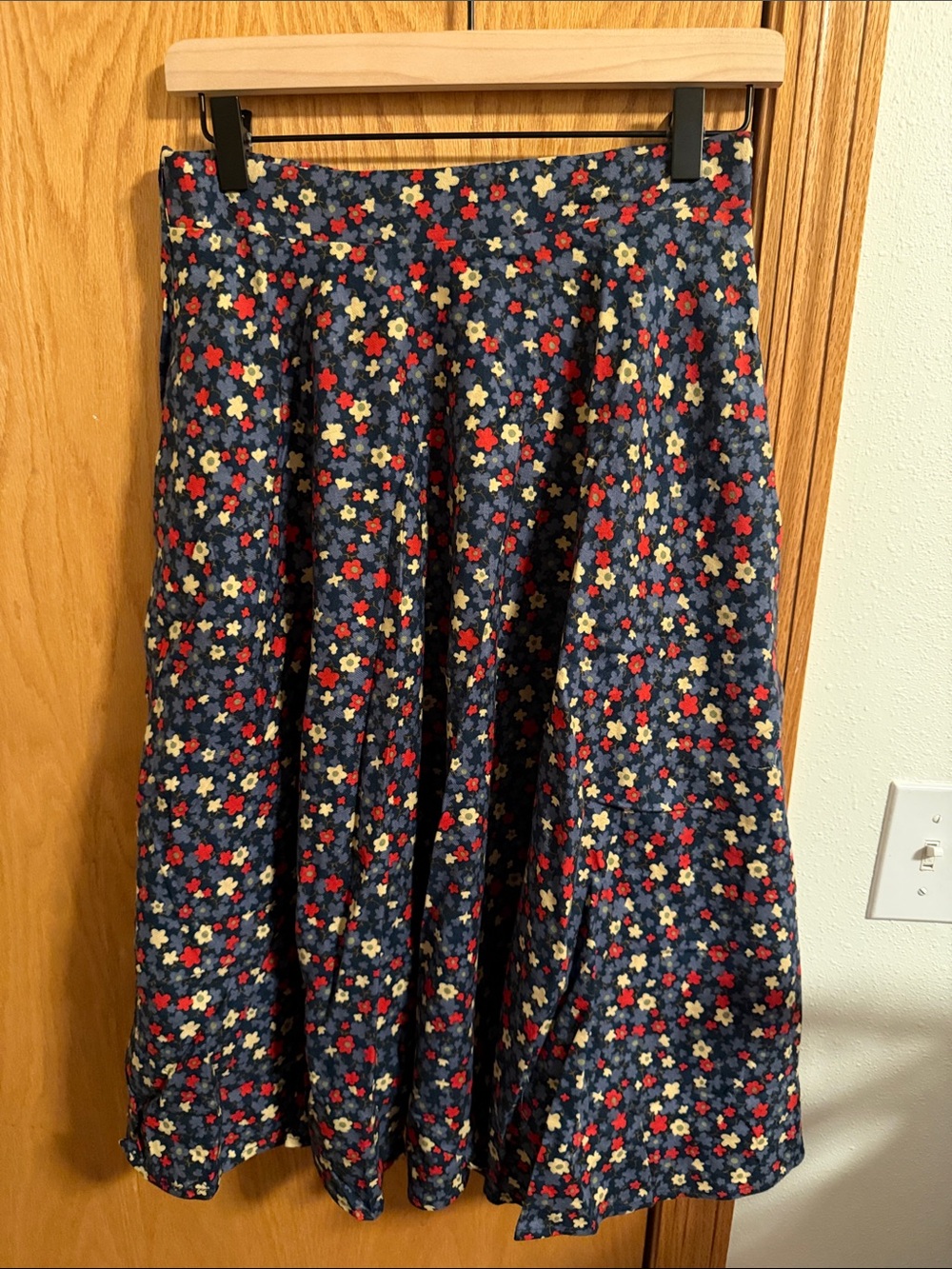 Navy Floral A-Line Skirt with Red & Cream Flowers